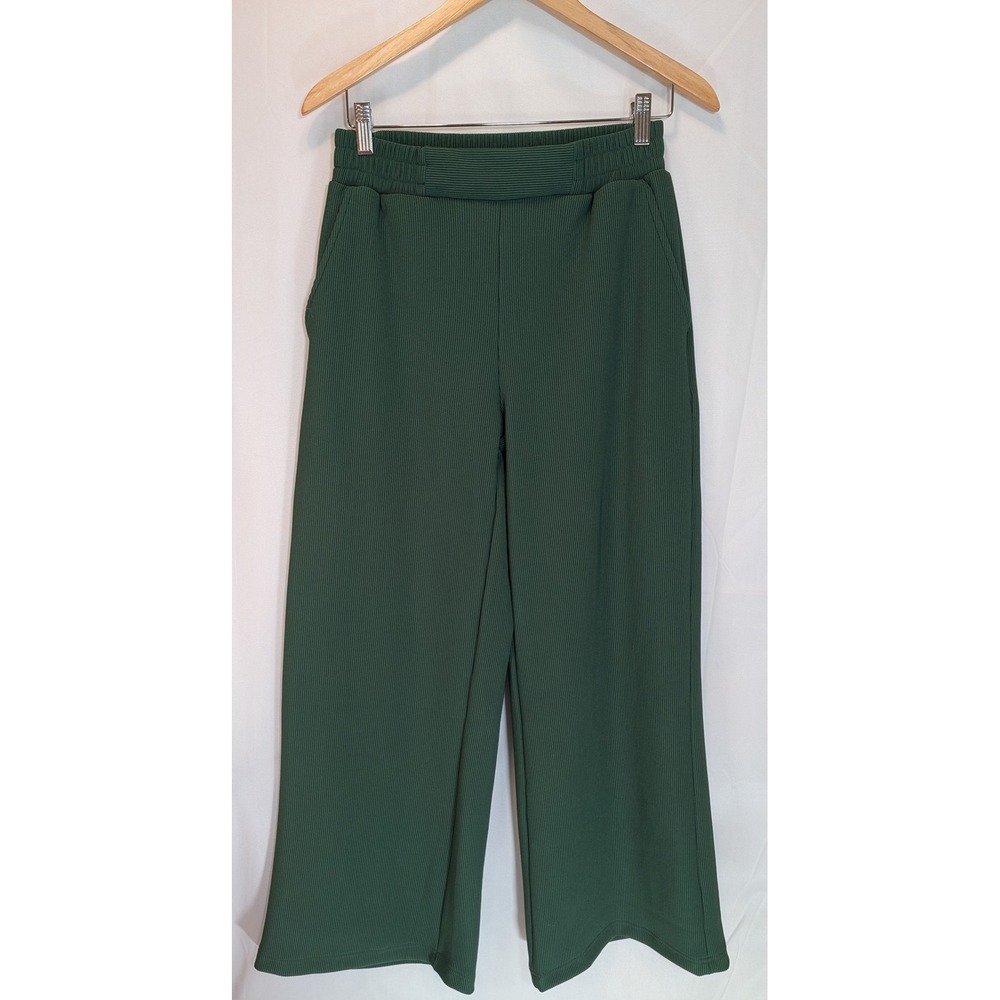 Zenana Women Green Ribbed Knit 2 Piece Set Short Sleeve Top Wide Leg Pants S - Picture 2 of 6